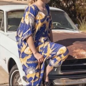 Tennis Button Down Jumpsuit Celestial‎ Sun Eyes Print Oversized Boho Hippie M